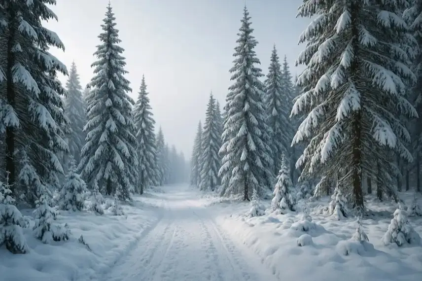 Verschneiter Fichtenwald in einer hügeligen Mittelgebirgslandschaft mit leichtem Winterlicht.