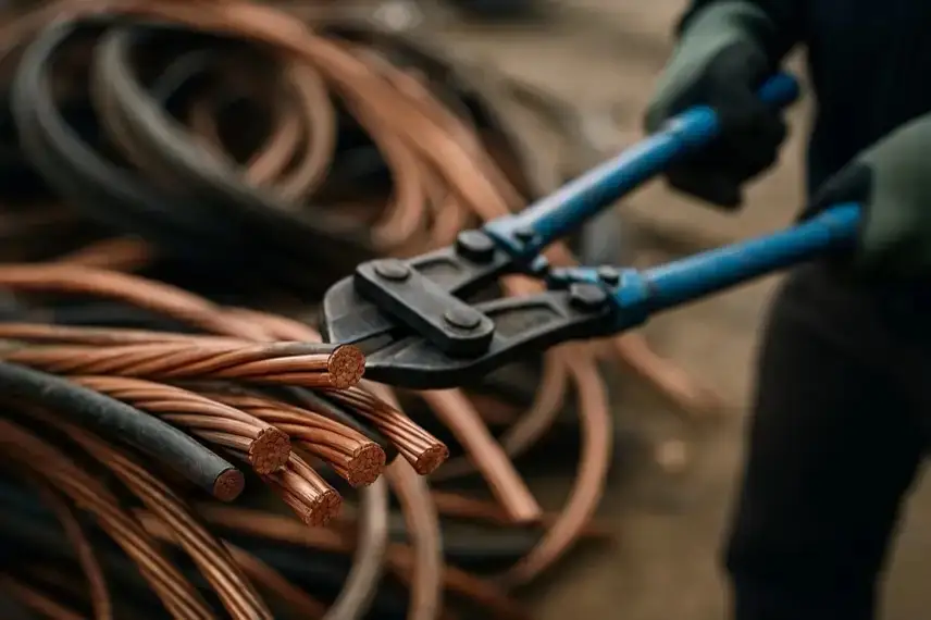 Schneidwerkzeug durchtrennt ein Bündel freiliegender Kupferkabel in einer unscharfen industriellen Umgebung.