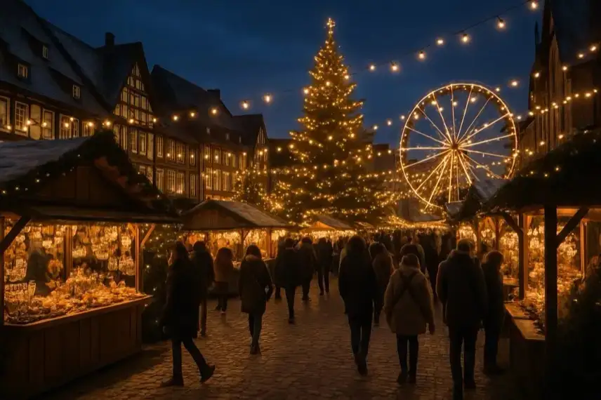 Weihnachtlich beleuchtete Marktstände und Tannenbäume in einer historischen Altstadt bei Abendlicht.