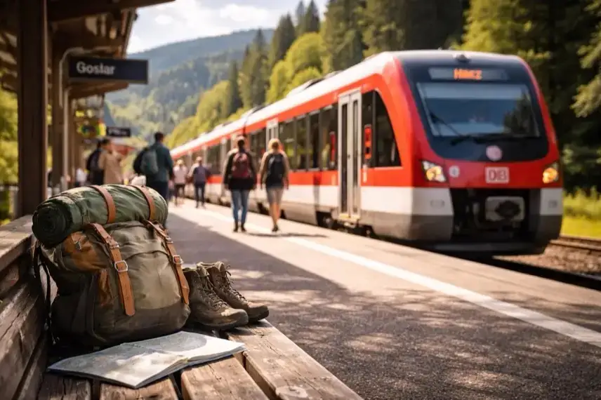 Moderner Regionalzug an einem kleinen Bahnhof in einer bewaldeten Mittelgebirgslandschaft.