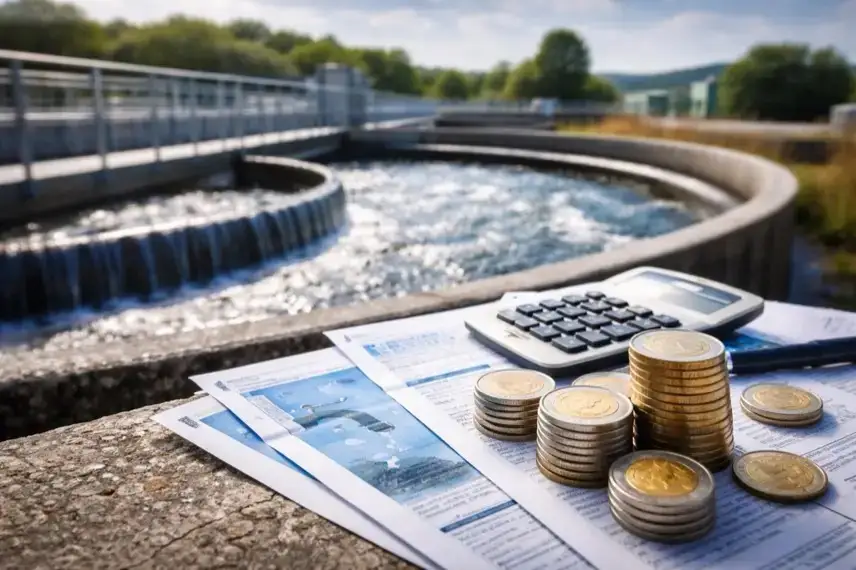 Moderne Abwasseranlage mit Betonbecken, Rohrleitungen und ruhig fließendem Wasser bei Tageslicht.