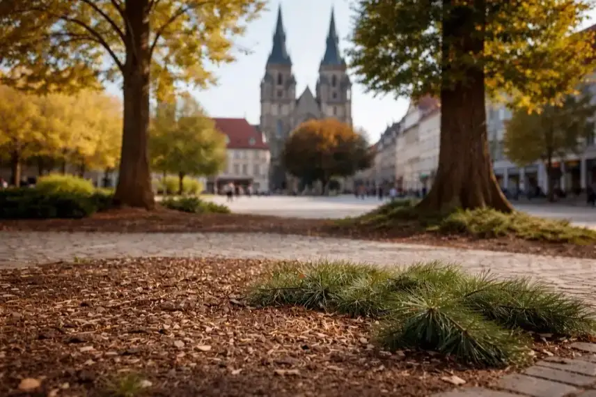 Leere Pflanzstelle auf einem Stadtplatz mit zwei stehenden Bäumen bei Tageslicht.