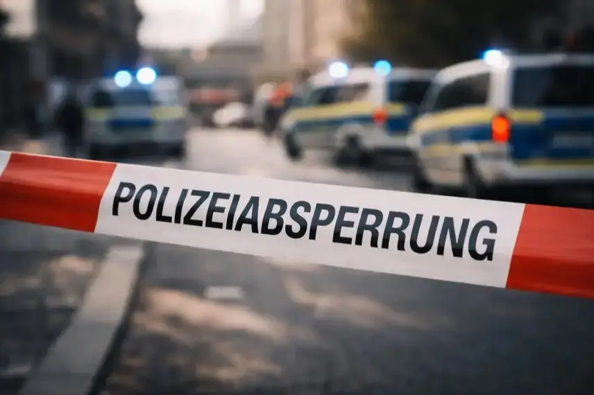 Nächtliche Innenstadtstraße mit Straßenlaternen und unscharfen Polizeifahrzeugen im Hintergrund, reflektierender Asphalt und winterliche Lichtstimmung.