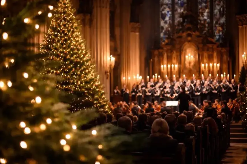 Kerzenbeleuchteter Kircheninnenraum mit Orgel im Hintergrund und leeren Stuhlreihen in festlicher Adventsstimmung.