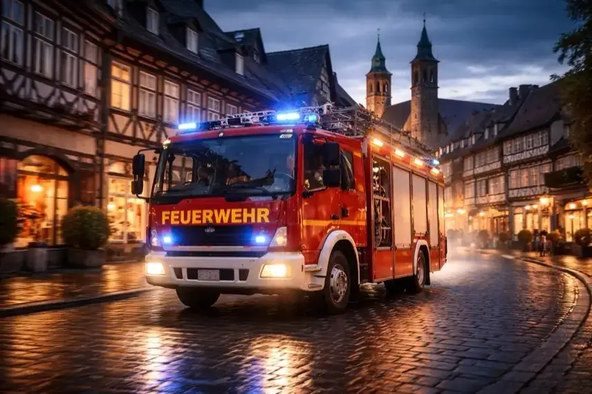 Rotes Feuerwehrfahrzeug mit eingeschaltetem Blaulicht fährt über eine gepflasterte Straße zwischen historischen Fachwerkhäusern bei Dämmerung.