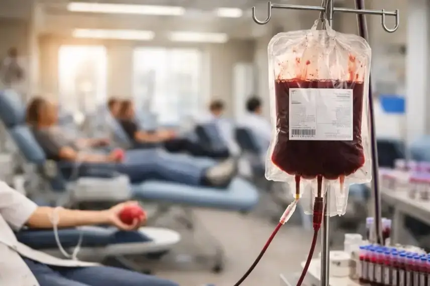 Blutbeutel an einem Infusionsständer in einem hellen medizinischen Raum, im Hintergrund unscharf mehrere Blutspendeliegen.