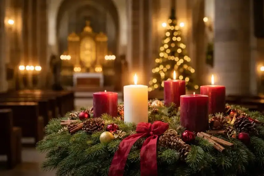 Innenraum einer historischen Klosterkirche mit hohen Steinbögen, Holzbänken und warmem, natürlichem Lichteinfall.