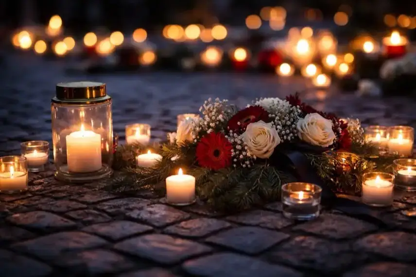 Mehrere brennende Kerzen und weiße Blumen auf einem steinernen Untergrund bei gedämpftem Licht.