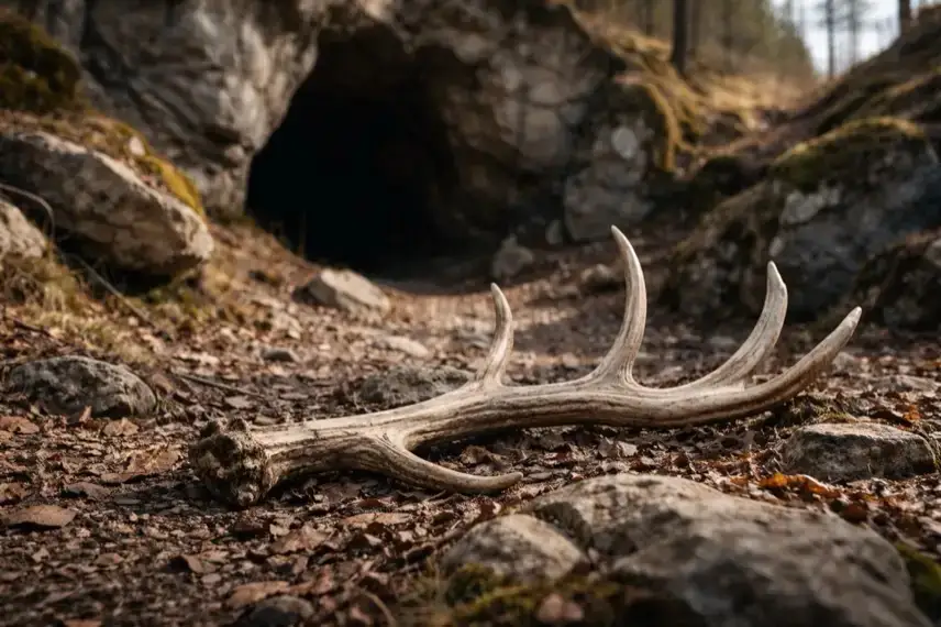 Verwittertes Rentiergeweih liegt auf steinigem Boden vor felsigem Höhleneingang in einer kargen Mittelgebirgslandschaft im Harz.