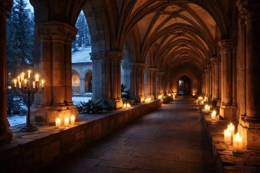 Kerzenbeleuchteter Kreuzgang im Kloster Walkenried mit historischen Steinbögen und winterlicher Lichtstimmung