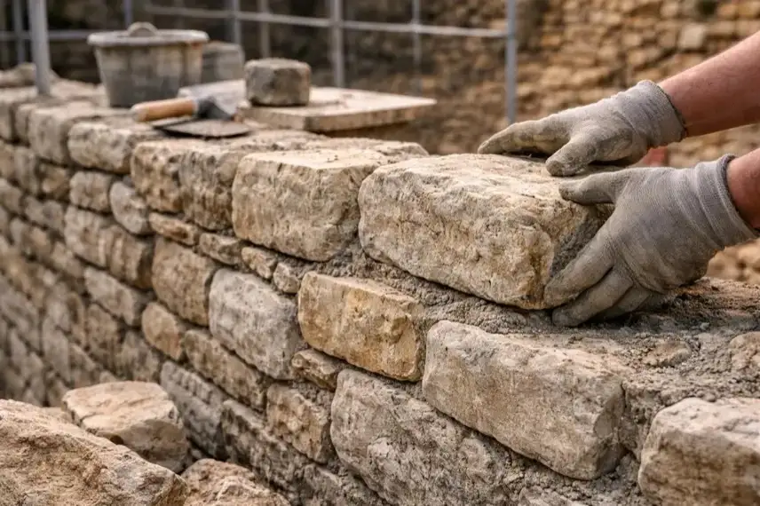 Eingerüstete Ringmauer der Burg Falkenstein im Harz mit Natursteinmauerwerk und Blick auf die mittelalterliche Höhenburg über dem Selketal.