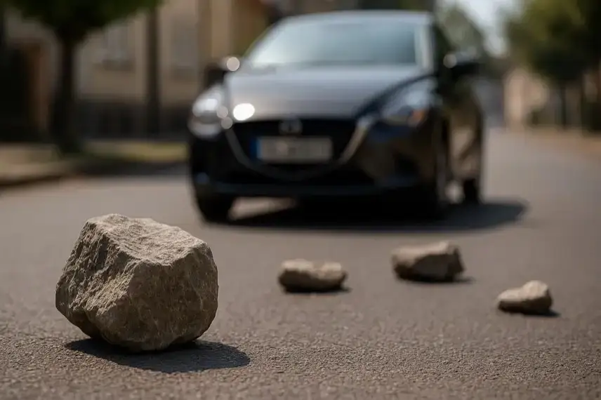 Großer einzelner Steinbrocken auf einer leeren nächtlichen Straße, hell ausgeleuchtet und ohne Menschen.