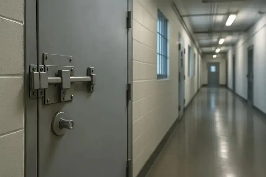 Leerer Gefängniskorridor mit geschlossener Stahltür und hellem Licht, ohne Personen.