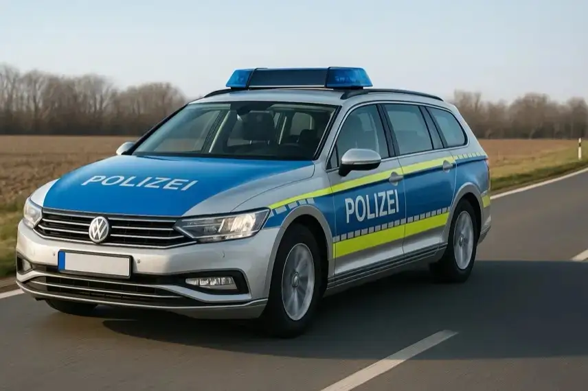 Zerstörtes Verkehrsschild am Straßenrand einer Landstraße, im Hintergrund eine unscharfe Polizeisperre und ein neutrales beschädigtes Auto.