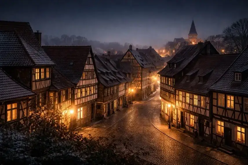 Nächtliche Quedlinburger Altstadt mit Fachwerkhäusern und beleuchteten Gassen ohne Feuerwerk in der Silvesternacht