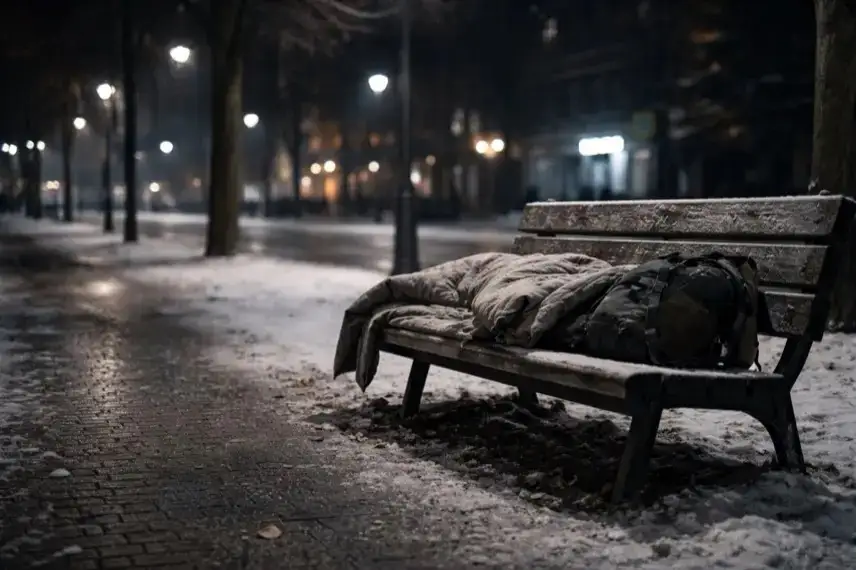 Leere Parkbank mit Decke und Rucksack auf winterlichem Gehweg bei Nacht, beleuchtet von Straßenlaternen in einer Stadt wie Halle.
