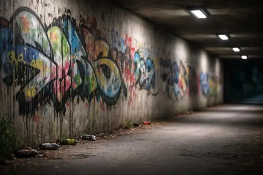 Graffiti und Farbschmierereien auf einer Betonwand in einer Unterführung im Harz bei Nacht