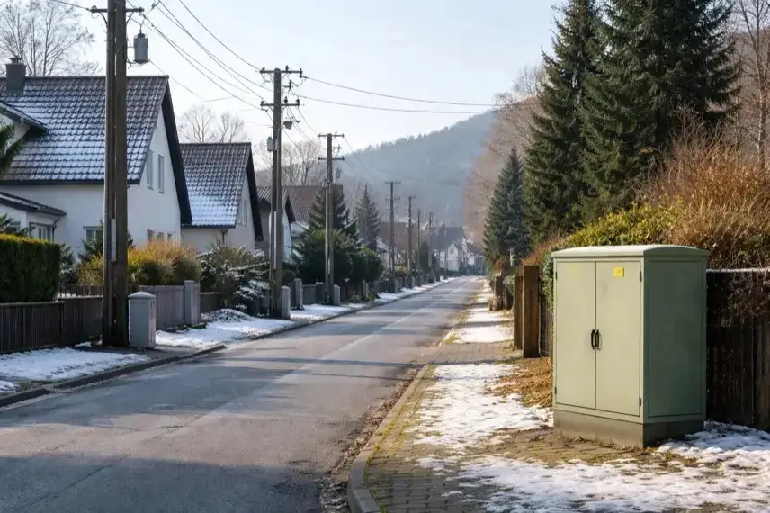 Wohnstraße in Bad Harzburg-Bündheim mit Stromleitungen und Verteilerkasten während geplanter Wartungen am Stromnetz