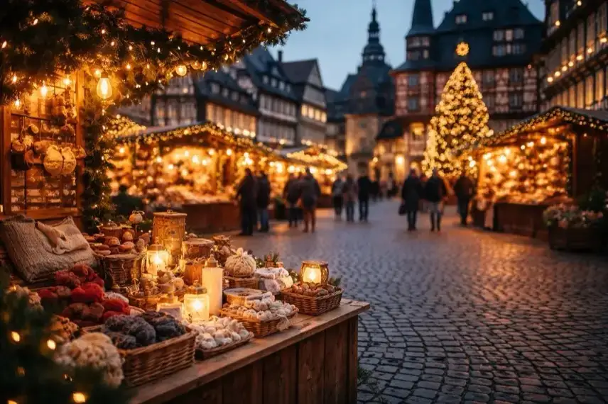 Weihnachtlich beleuchteter Marktplatz im Harz mit Fachwerkhäusern, Marktständen und kleinen Geschenkartikeln in winterlicher Atmosphäre