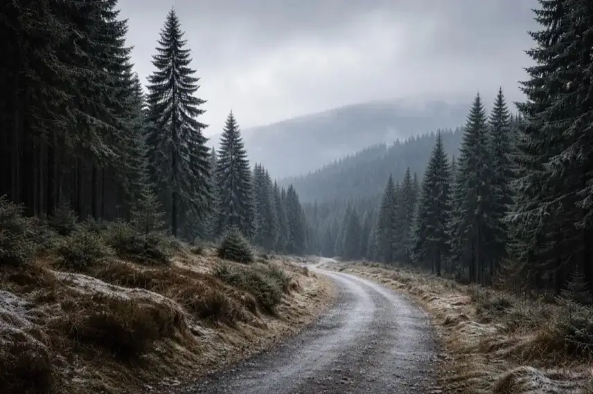 Winterliche Landschaft im Oberharz mit Fichtenwald, grauem Himmel und schneefreiem Boden in höheren Lagen des Harzes