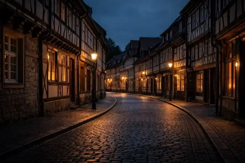 Historische Fachwerkhäuser und enge Gasse in der Altstadt von Osterode am Harz bei Dunkelheit ohne Feuerwerk am Himmel.