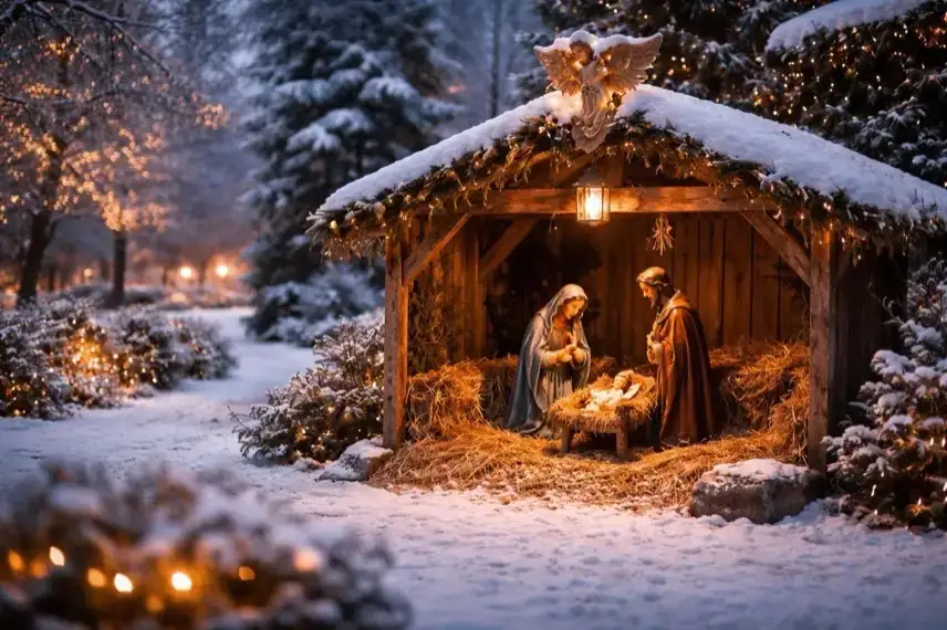 Beleuchtete Weihnachtskrippe im winterlichen Rosengarten in Bad Harzburg bei Dämmerung während der Adventszeit