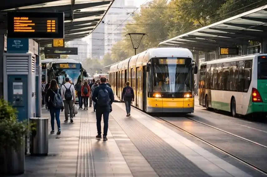Busse und Straßenbahn an einer städtischen Haltestelle des öffentlichen Nahverkehrs bei Tageslicht