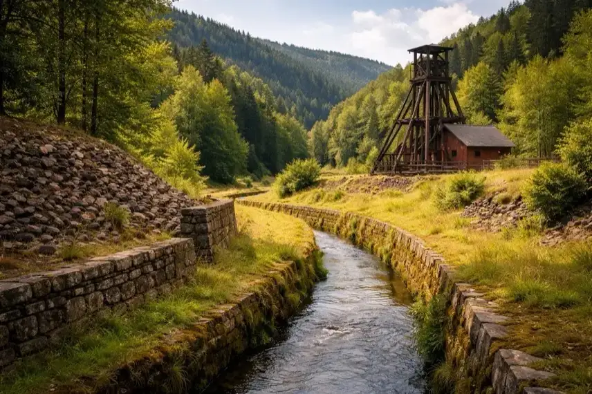 Stillgelegter Bergbauschacht im Harz mit bewaldeten Hängen, Wassergraben und Halde als Teil der historischen Bergbaugeschichte
