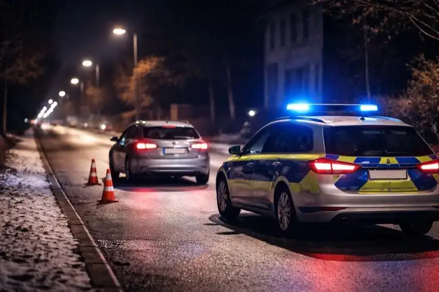 Polizeifahrzeug mit eingeschaltetem Blaulicht neben einem Pkw bei einer nächtlichen Verkehrskontrolle in einer deutschen Stadt