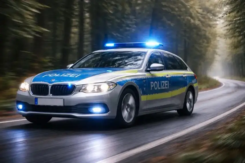 Nebelige Kreisstraße 1347 bei Elbingerode mit beschädigtem Pkw am Fahrbahnrand und Baum nach Verkehrsunfall im Harz