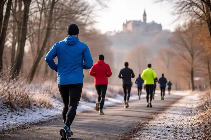 Anonyme Läufer auf winterlicher Strecke nahe der Schlosschaussee in Wernigerode beim Silvesterlauf im Harz