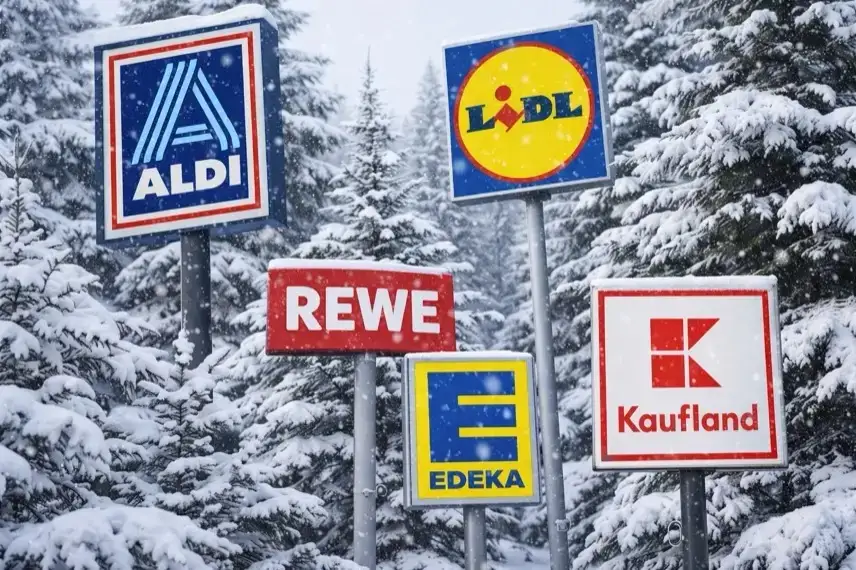 Supermarkt-Schilder von Aldi, Lidl, Rewe, Edeka und Kaufland vor verschneiten Tannenbäumen in winterlicher Umgebung.