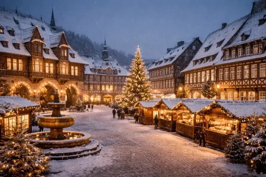 Beleuchteter Marktplatz in Goslar mit Fachwerkhäusern und winterlicher Weihnachtsbeleuchtung am Abend