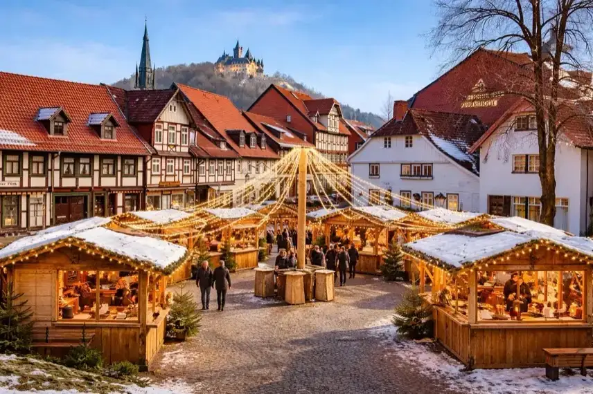 Beleuchtete Marktstände auf dem winterlichen Marktplatz von Wernigerode mit historischen Fachwerkhäusern in der Abenddämmerung.