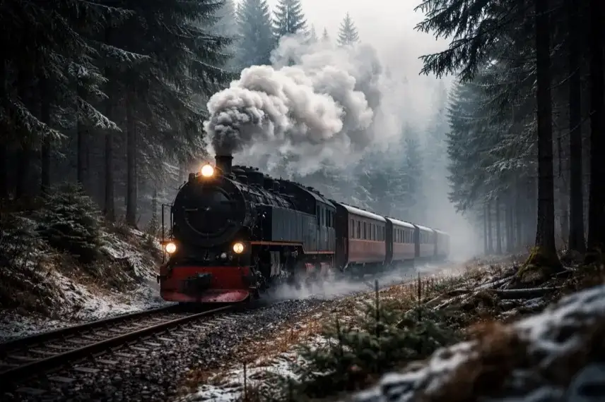Historische Dampflok fährt auf schmaler Bahnstrecke durch nebligen Wald im Harz bei winterlicher Stimmung.