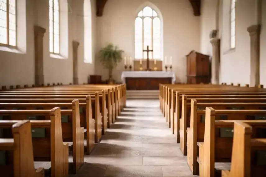 Leere Kirchenbänke in einer Kirche im Harz bei Tageslicht, Blick Richtung Altar, Symbol für Kirchenaustritte und sinkende Mitgliederzahlen.