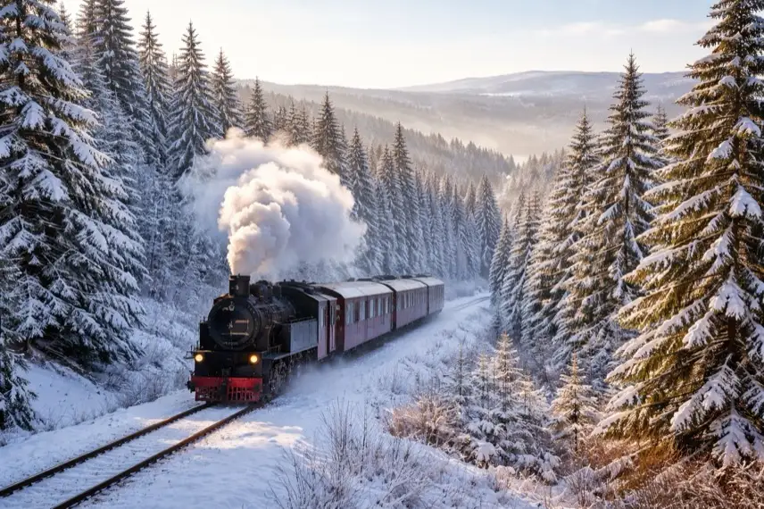 Historische Dampflok fährt durch verschneite Harzlandschaft mit Tannen und Bergen bei winterlichem Licht