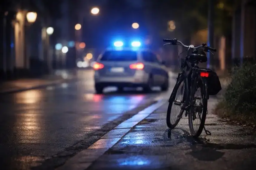Beleuchtete Stadtstraße in der Dämmerung mit Fahrrad am Straßenrand und unscharfem Polizeiwagen mit Blaulicht im Hintergrund