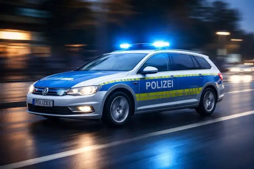 Fahrender Polizeiwagen mit eingeschaltetem Blaulicht auf nasser Straße bei Dämmerung