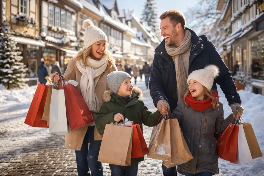 Lachende Familie mit Einkaufstaschen bei Sonnenschein und Schnee in der Goslarer Innenstadt während eines Shoppingtages