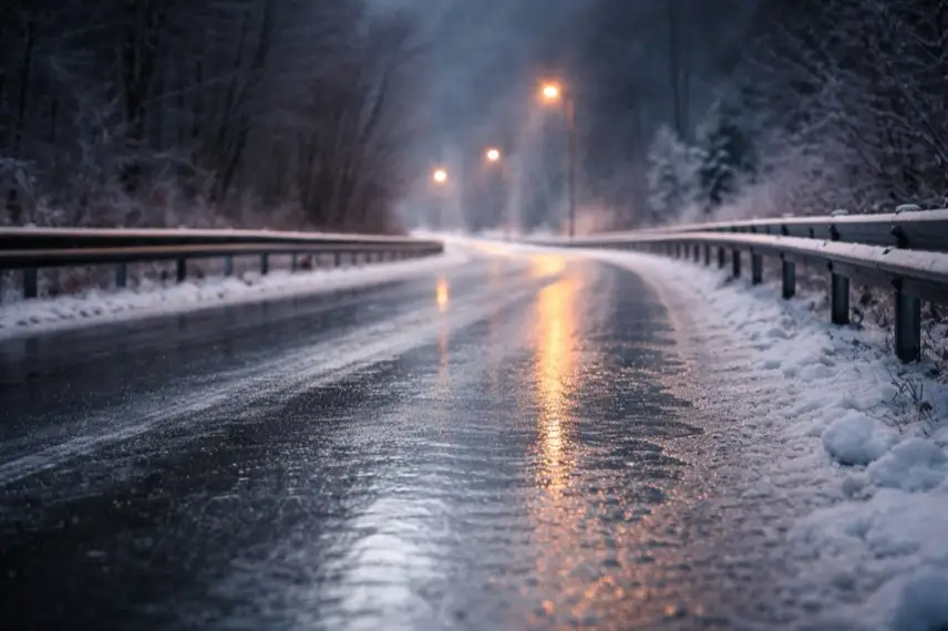 Vereiste Landstraße bei winterlichen Temperaturen mit glattem Asphalt und Leitplanken, Sinnbild für Glatteisunfälle in Sachsen-Anhalt.