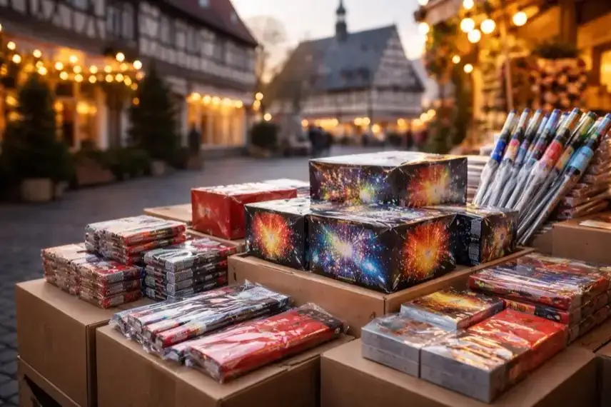 Feuerwerksbatterien und Böller auf einem Verkaufstisch vor winterlicher Fachwerkkulisse in Wernigerode kurz vor Silvester