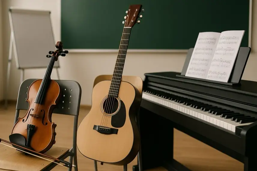 Mehrere Musikinstrumente wie Geige, Cello und Notenständer in einem hellen Proberaum, ohne Personen.