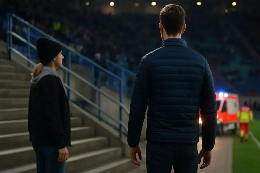 Leere Stadiontreppen bei Abendlicht mit unscharfen Lichtern im Hintergrund als neutrales Symbolmotiv.