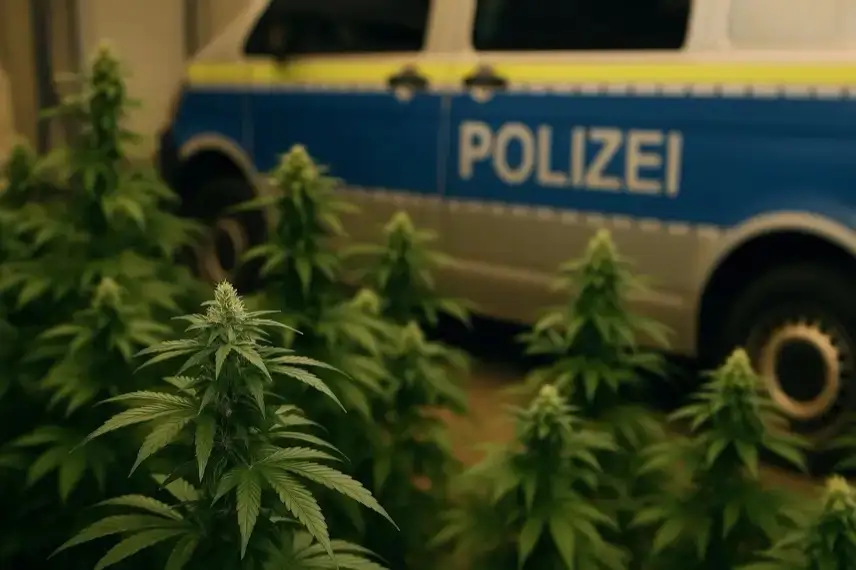 Cannabis-Pflanzen im Vordergrund, im Hintergrund verschwommen ein Polizeifahrzeug ohne erkennbare Personen.