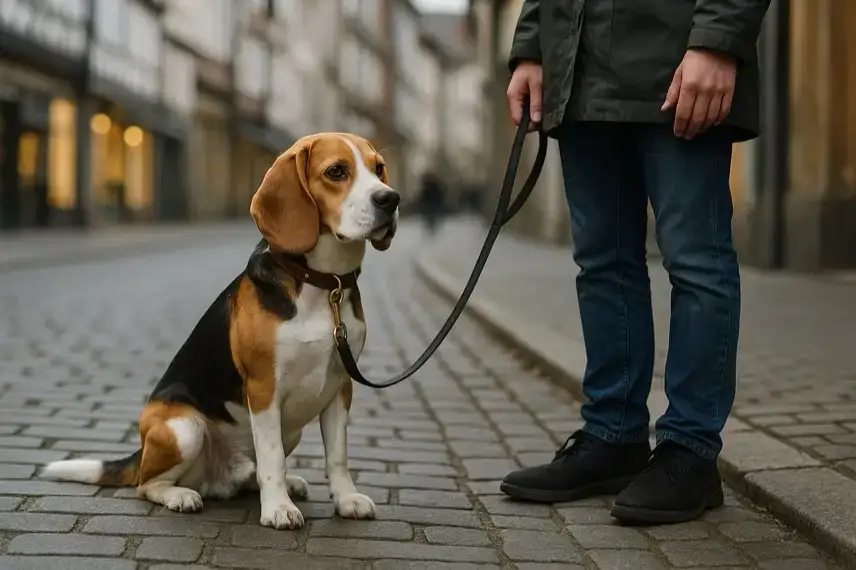 Fotorealistisches Bild einer städtischen Straße mit leerer Parkbank, hängender Hundeleine und einem Hundekotbeutelspender, ohne Menschen.