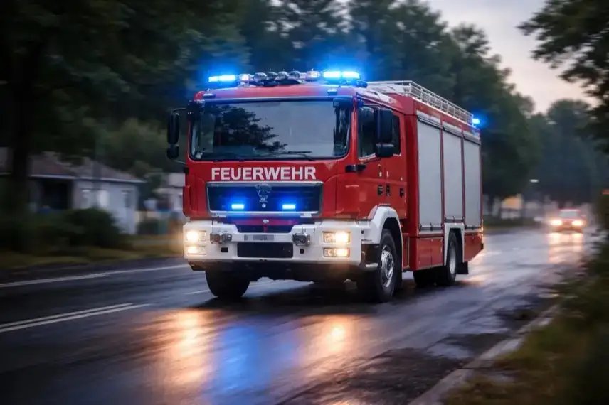 Fahrendes rotes Feuerwehrfahrzeug mit eingeschaltetem Blaulicht auf nasser Straße bei Dämmerung