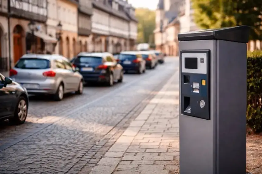 Parkscheinautomat mit geparkten Autos in einer Innenstadtstraße in Goslar bei Tageslicht
