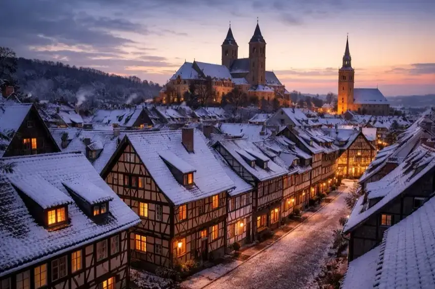 Winterliche Altstadt von Quedlinburg mit Fachwerkhäusern und Kirchtürmen bei Abendlicht zum Jahreswechsel 2025