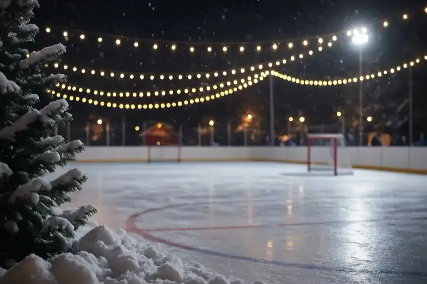 Beleuchtetes Eishockeystadion am Abend mit glatter Eisfläche und leeren Tribünen, aufgenommen als fotorealistisches Symbolbild ohne Menschen.